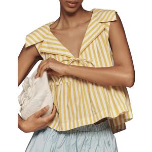 Summer Babydoll Blouse Shirts for Women Casual Sleeveless V Neck Blouse Tank Tops Y2k Going Out Tops (Medium, Yellow White)