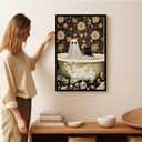 Halloween Canvas Wall Art Spooky Vintage Bathtub Scene with Black Cat Ghost Paper Cut Floral Wallpaper Poster Print for Living Room Bedroom Office Decoration (8x12in Black Framed, A01)