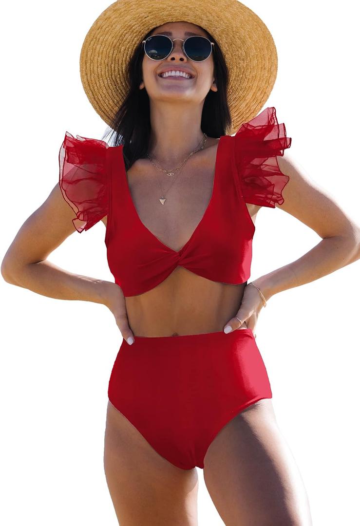 Women High Waisted Swimsuit Pleated Lace Ruffle Bikini Padded Swimwear (Large, Red)
