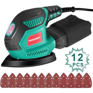 HYCHIKA Detail Sander, 14,000 OPM Compact Electric Sander Tool with 12 Pcs Sandpapers, Efficiency Dust Collection System, Suitable for Tight Spaces Sanding ,Polishing, Removing Paint in Home Decoration