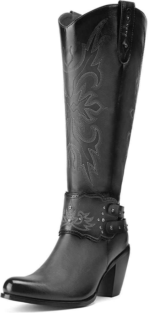 Rollda Cowboy Boots for Women, Cowgirl Boots Knee High, Ladies Tall Western Boots Rounded Toe Chunky Heel Pull on Zipper for Country Concert Party Women Boots (9, Black)