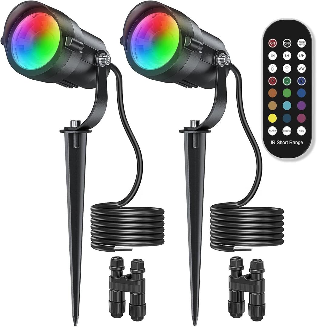 HIBOITEC RGBW Low Voltage Landscape Lighting 12W with Remote Connectors Spotlights Landscape Lights 12-24V AC/DC Waterproof for House Yard Trees Outdoor Christmas 2Pack(Transformers NOT Included)