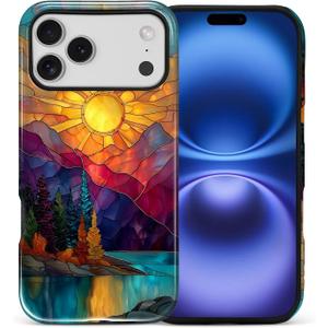 DAIZAG Case for iPhone 17 Pro Max, Mountain Range Sunrise Stained Glass Full-Body Design Hybrid Dual Protection Soft TPU Hard PC Shockproof Scratch-Resistant Protective Cover Phone Case for Men Women