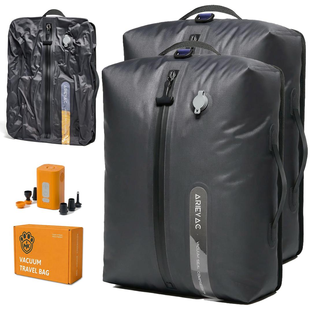 IKYWT Vacuum Seal Bags for Travel w/Rechargeable Pump, 18L Compression Packing Cubes for Carry-On Suitcase & Travel Backpack, Reusable IP67 Waterproof Vacuum Storage Kit, Gift Set (2-Pack)