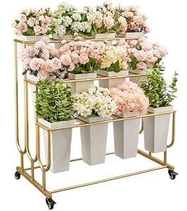 Flower Display Stand Frame, 3-Tier Flower Cart with Wheels, Metal Floral Display Rack , Moving Florist Bouquet Shelf for Shop , Flower Bar, Events (Gold - 3 Tier) , Without Flower Buckets