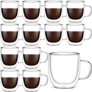 Gerrii Double Walled Glass Coffee Mugs with Handle 10 oz Insulated Borosilicate Glass Cappuccino Mugs Clear Espresso Cups for Home Office Coffee Tea Espresso Latte Milk and Hot Cold Beverages(12 Pack)