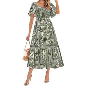 BTFBM Women's Clothing Wedding Guest Dresses Casual Boho Floral Short Sleeve Smocked Maxi Beach Spring Summer Dress 2026 (Green, S)