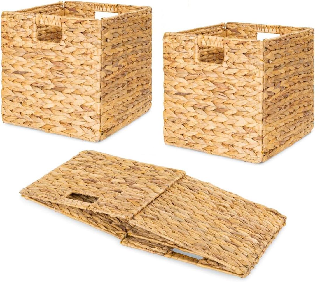 10.5'' Foldable Large Cube Water Hyacinth Wicker Storage Baskets with Handles and Built-in Metal Frame, 2Pcs Stylish and Durable Hand Woven Bin Perfect for Shelves and Living Room Organizing (Set of 2)