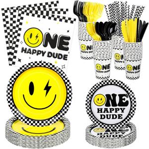Norme 344 Pcs One Happy Dude Birthday Decorations Smile Face Party Tableware Serve 24 Guests, Include 7 in 9 in Paper Plates Disposable Knife Fork Spoon Napkins Cup Straw for 1st Birthday Baby Shower