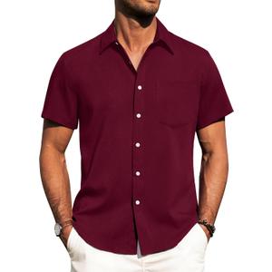 Alimens & Gentle Mens Linen Shirts Short Sleeve Button Down Shirts Wrinkle Free Casual Vacation Beach Summer Tops (Red, M)