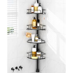 ALLZONE Corner Shower Caddy Tension Pole  Rust-Free Stainless Steel Shower Organizer with Adjustable Storage Shelves, Drill-Free Installation, Quick Setup, Extends from 34 to 116 Inches