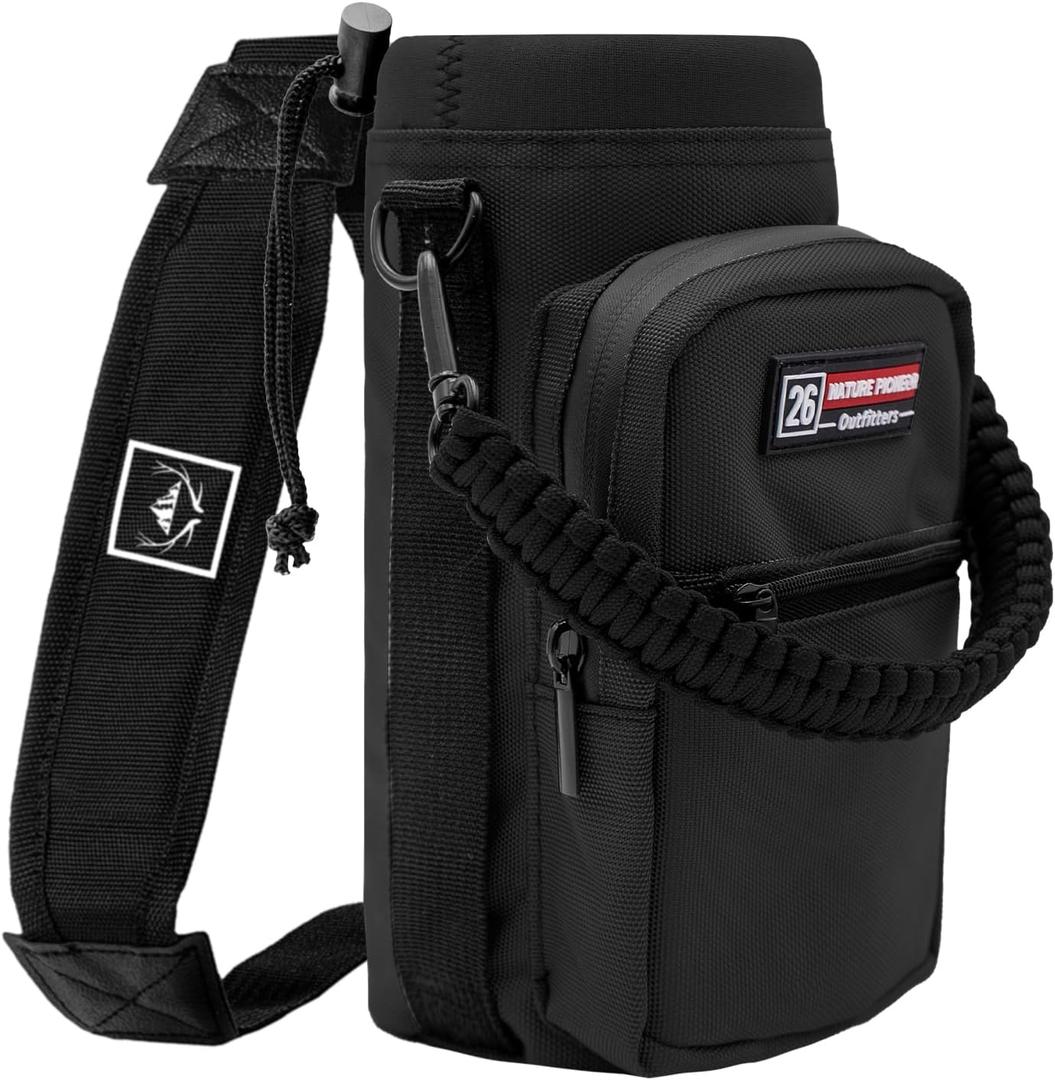 NATURE PIONEOR Water Bottle Holder with Adjustable Strap - 26/32/36/40/46/64oz Insulated Water Bottle Sling Carrier with Paracord Handle & 2 Pockets, Outdoor Sports, Hiking, Camping, Gym (Black)