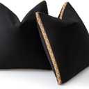 Decorative Neutral Linen Throw Pillow Covers 18x18 Inch Set of 2, Black Boho Farmhouse Pillow Covers with Braid Fringe for Sofa Bed Modern Couch Pillow Cases for Organic Home Decor