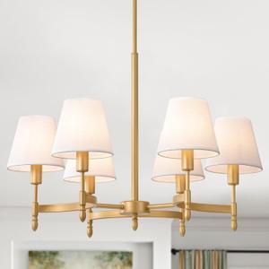 QMNHAU 27'' Farmhouse Gold Chandeliers for Dining Room Light Fixtures, 6Light Modern White Fabric Pendant Light Fixture Adjustable Industrial Chandeliers for Living Room Kitchen Entryway Foyer