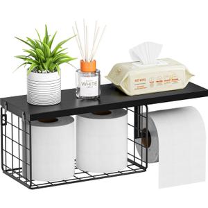 VITVITI Toilet Paper Holder with Shelf, Wall Mounted Toilet Paper Storage Basket, Wood Metal Toilet Roll and Wipes Holder for Bathroom Farmhouse (Black)