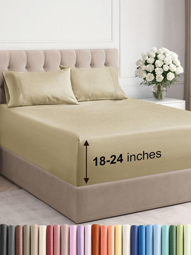 Extra Deep Pocket Queen Sheet Set - 4 Piece Breathable & Cooling Bed Sheets - Hotel Luxury Sheet Set - Ultra Soft, Wrinkle Free & Comfy - Easily Fits Extra Deep Mattresses - Deep Pocket Beige Sheets