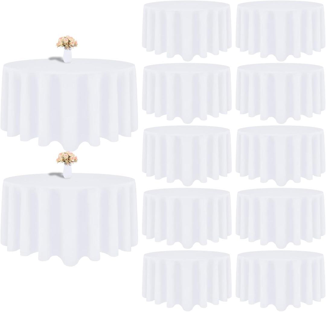 12 Pack White Round Tablecloth 120 Inch White Table Cloth Stain and Wrinkle Resistant Reusable and Washable Polyester Fabric Table Covers for Buffet Wedding Party and Banquet