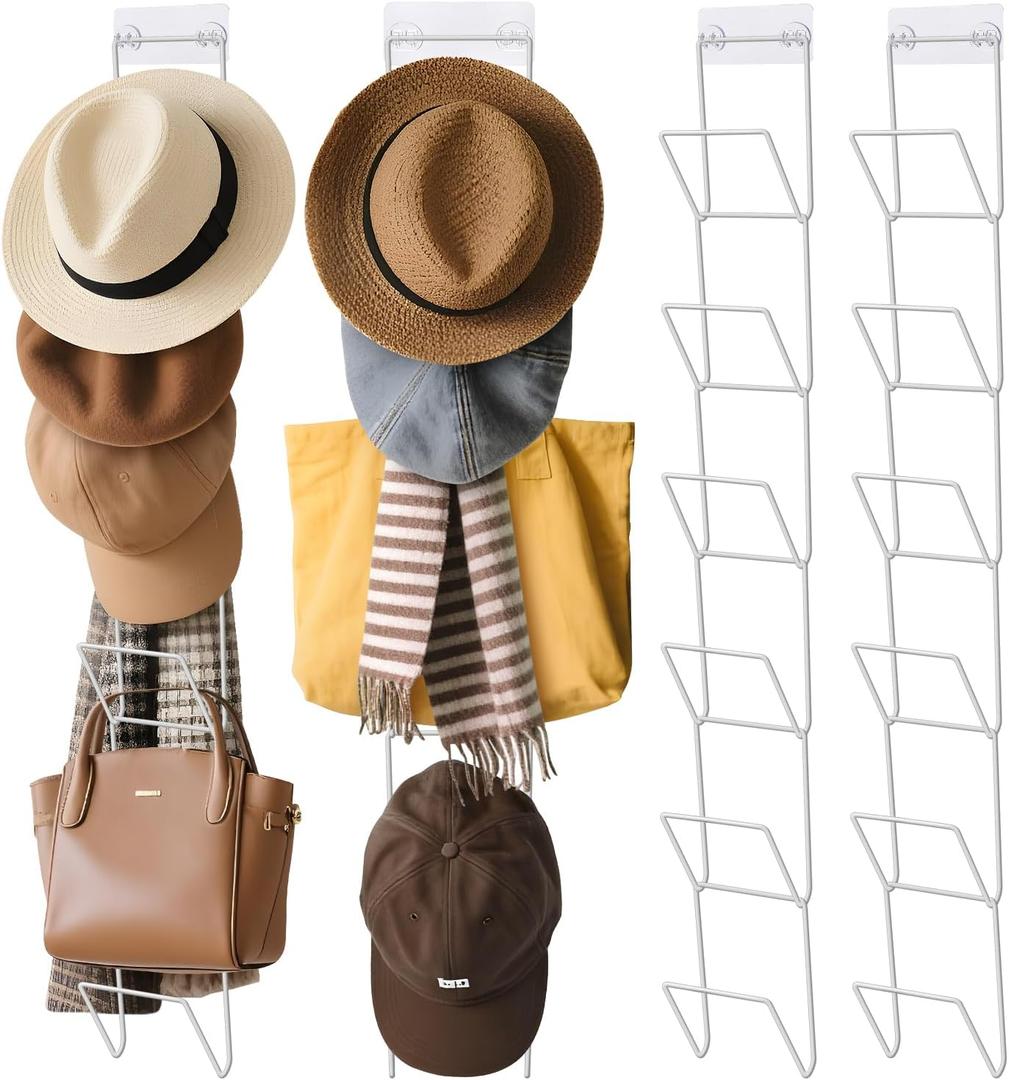 12 Pack Hat Organizer with 2 Hooks, Wig Holder for Multiple Wigs, Cowboy Hat Rack for Wall, Door, Closet (White)