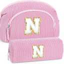 YOOLIFE 2 Pcs Pink Makeup Bag Toiletry Bag - Gifts for Sister Daughter Birthday Gift for Teen Girls Personalized Initial Cosmetic Bags Cute Makeup Bags Personalized Friend Gifts for Women Pink N