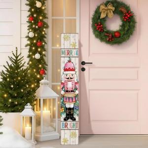 Threehoney 47" Large Nutcracker Christmas Porch Sign Pink Pastel Welcome Sign Christmas Porch Decor Tall Wooden Front Door Decor Gift for Xmas Holiday Farmhouse Outdoor Yard Home Patio Entryway