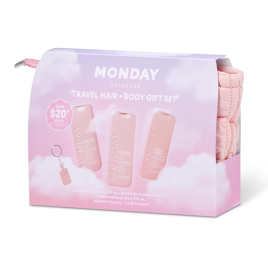 MONDAY Giftset with Travel Size Shampoo, Conditioner, Body Wash Cosmetics Bag and Keyring