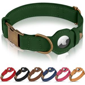AirTag Dog Collar - Genuine Leather Dog Collar with Apple AirTag Holder and Metal Buckle - Smart GPS Tracking Pet Collars (Dark Green, S, 12"-15" Neck Fit)
