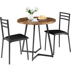 VECELO Small Round Kitchen Table with 2 Upholstered Chairs, 3-Piece Wood Dinette Sets with Steel Frame for Breakfast Nook, Dining Room, and Small Space, Brown, 31.5 inches diameter