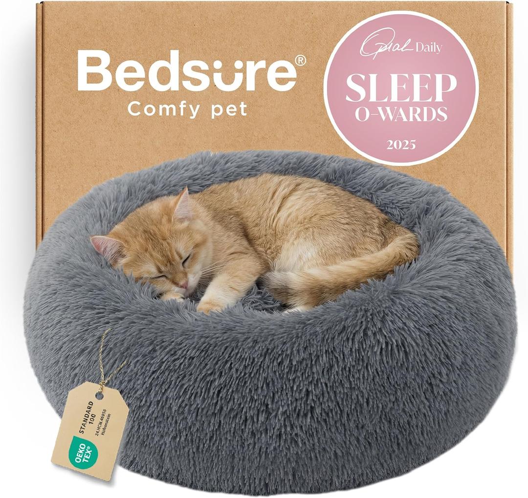 Bedsure Calming Cat Beds for Indoor Cats - Small Cat Bed Washable 20 inches, Anti-Slip Round Fluffy Plush Faux Fur Pet Bed, Fits up to 15 lbs Pets, Dark Grey, Size: 20"L x 20"W x 6"Th