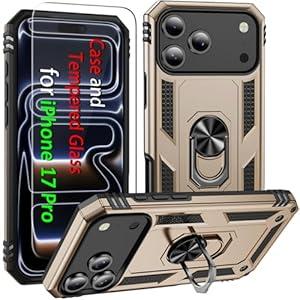 iPhone 17 Pro Case, for iPhone 17 Pro Case with Tempered Glass Screen Protector, Adjustable Kickstand Ring, Military-Grade Heavy Duty Protection, Shockproof, Anti-Fingerprint, Gold