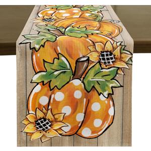 Romanstile Fall Table Runner - 13 X 90 Inch - Wood Pumpkin Leaves Thanksgiving Autumn Kitchen Dining Table Decor, Farmhouse Style Home Decoration for Dining, Party, Holiday