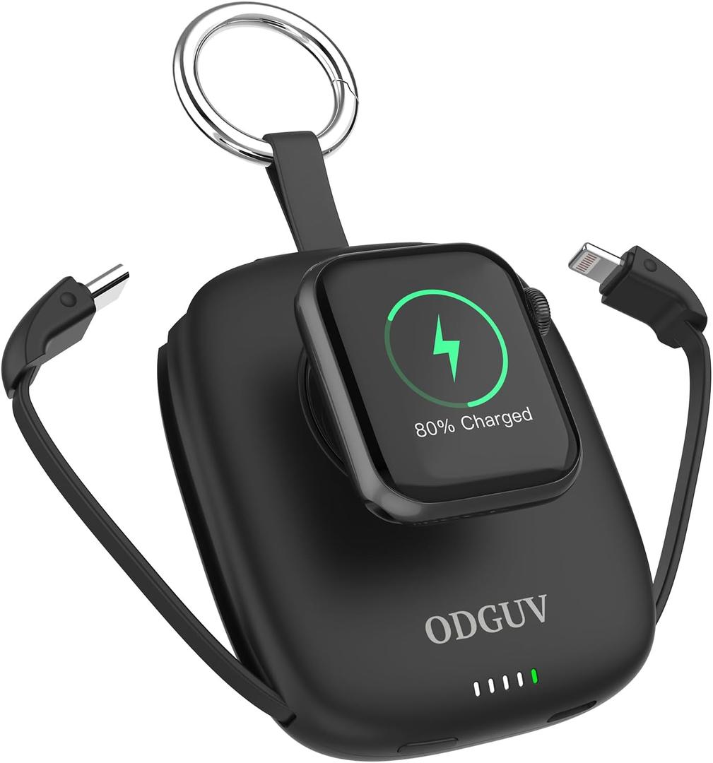 Small Portable Charger 5000mAh,iWatch Wireless Charger Mini Power Bank with Built-in Cable,Travel Keychain Charger for Apple Watch 11/10/9/8/Ultra/7/6/Se/5/4,iPhone 17/16/15/14/13/12,Android Phone