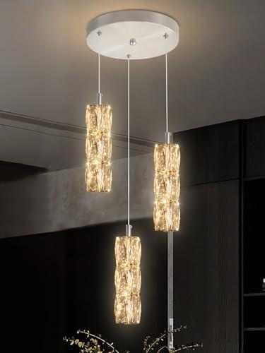 ykolupty Pendant Lights Kitchen Island 3-Lights Silver Crystal Chandelier for Dining Room Hallway Stairwell,LED Dimmable 2700K-6000K