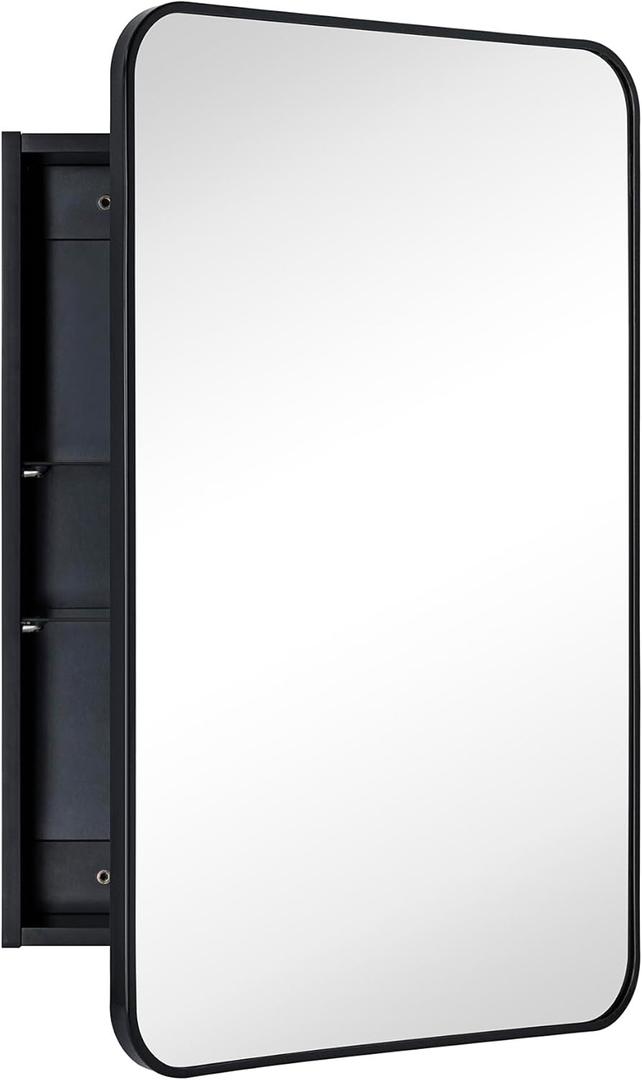 20x30'' Black Recessed and Surface Mount Bathroom Medicine Cabinet with Mirror Matt Black Metal Framed Rounded Rectangle Medicine Cabinet
