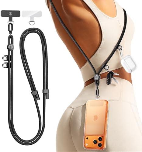 Manna Joy Phone Lanyard Crossbody with 2 Hanging Loops: Metal Buckle Adjustable Skin-Friendly Cell Phone Strap for iPhone Around,Hands-Free Universal Anti Theft Neck Lanyards For Outdoor Travel,Black