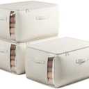 TomVista Large Canvas Clothes Storage Bags with Thick Handles and Clear Window, Foldable Cotton Linen Closet Organizer for Clothing, Blankets and Bedding, 70L, 3 Pack, Beige