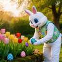 Easter Bunny Mascot Costume Blue Vest Unisex Deluxe Rabbit Costume Party Adult Size Fancy Dress