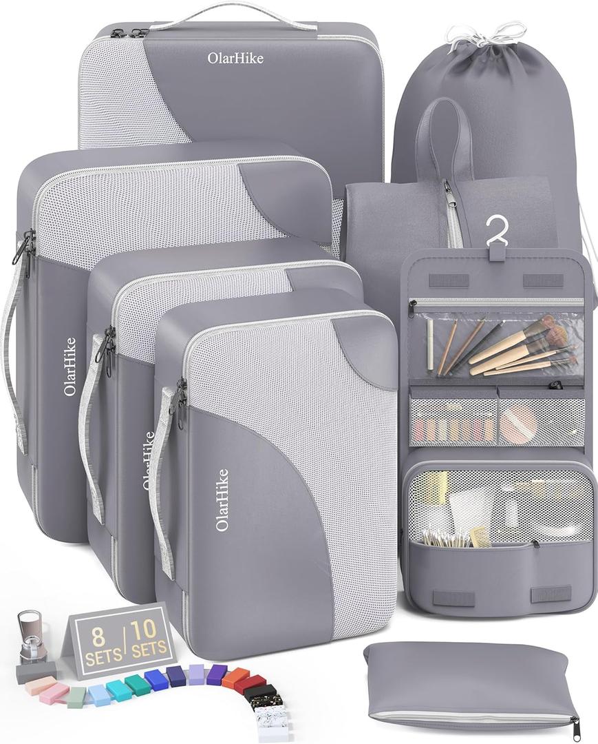 OlarHike 8 Set Packing Cubes for Travel, Sturdy Suitcase Organizer in 4 Sizes (Extra Large, Large, Medium, Small), OlarHike Luggage Cubes with Toiletry Bag, Cruise Ship Gifts for Men (Grey) (8 set (Short-Term Trip))