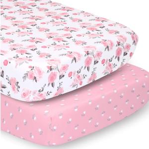The Peanutshell 2-Pack Fitted Crib Sheet Set - Super Soft & Breathable Baby Girl Crib Sheets, Nursery Decor, Fit for Standard Mattress Cover- Pink Roses
