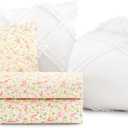 Laura Ashley - Twin XL Bedding Bundle, Includes Reversible Comforter with Matching Sham & Cotton Percale Sheet Set, Crisp & Cool, Floral Dorm Room Essentials (Pink/White)