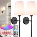 Battery Operated Wall Sconce Light with Remote Control, Dimmable Wall Sconce Set of 2 with White Fabric Shade, Wireless Battery Operated Wall Lamp for Bedroom Living Room, Bulb Included (Black-19.29inch)