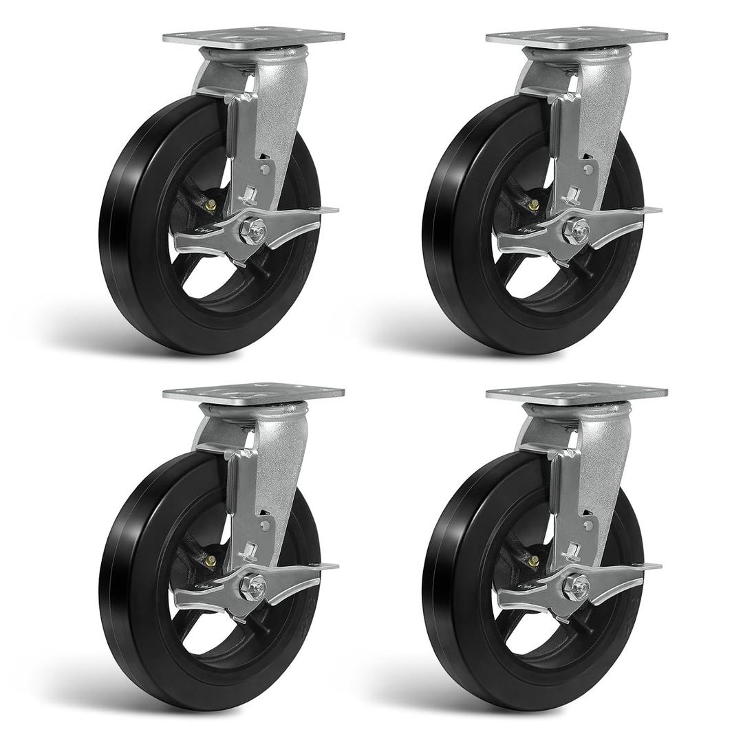 Caster Wheels, 8" Heavy Duty Industrial Casters, No Noise Rubber Wheel on Cast Iron, Set of 4 Swivel Casters with Brake (4 Pack Brake)