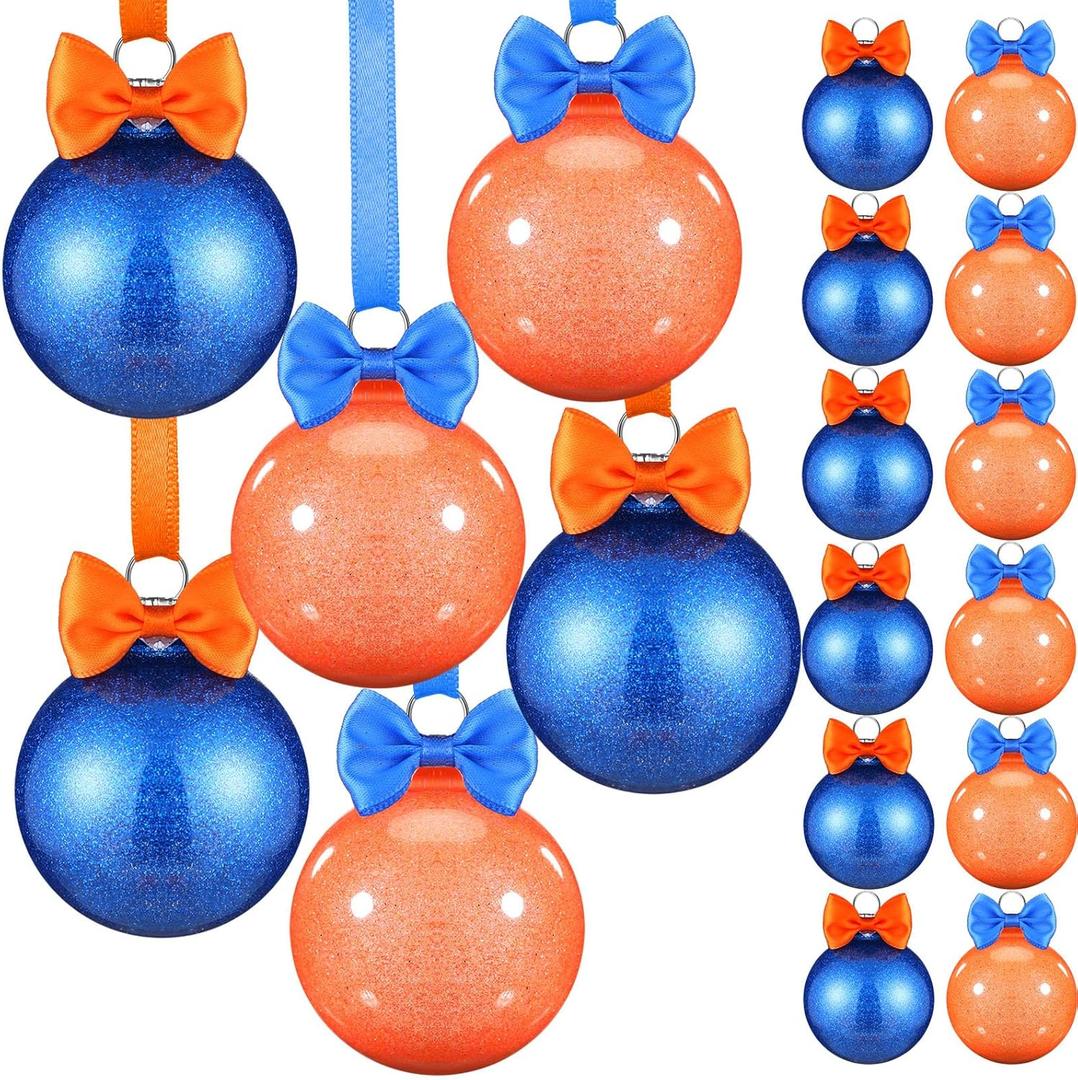 12 Pcs Blue and Orange Christmas Ornaments with Bows 2.36 Inches Glitter Christmas Tree Decorations Hanging Decorative Ball Ornaments for Xmas Tree Holiday Party Decor