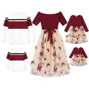 PATPAT Family Matching Outfits Dresses and Sweatshirt Fall Winter Off Shoulder Dresses and Long Sleeve Sweatshirt (4-5T, Burgundy)