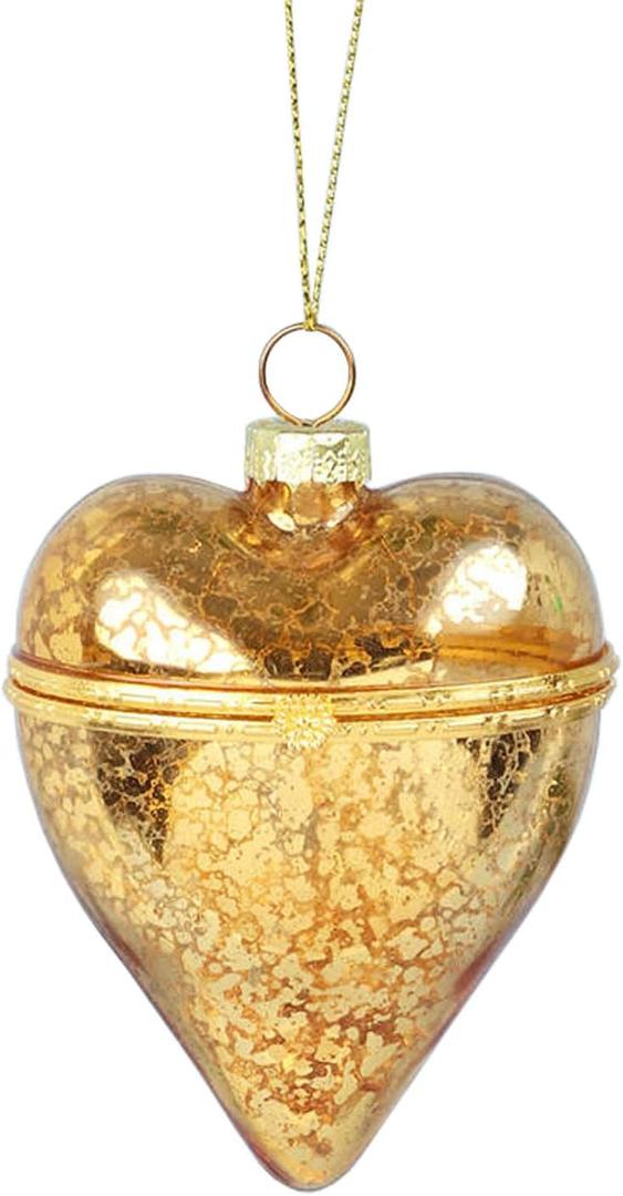 Golden Heart Glass Blown Ornament  Crackled Finish, Hinged Keepsake Box, 3.74" Hanging Decoration for Christmas Tree or Gift Display