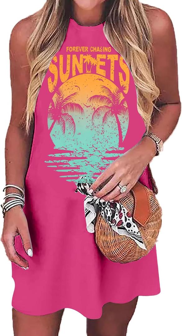 Summer Sundress for Women Graphic Mini Tank Dress Sleeveless Beach Dresses Short Casual Sun Dresses (X-Large, Hot Pink)