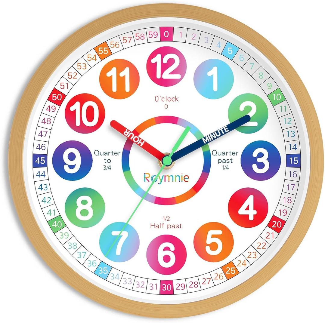 Wall Clock for Kids Learning - Teaching Time Wall Clocks Battery Operated Silent Non Ticking - Analog Colorful Clock Decorative for Kids Room Classroom School(10 Inch)