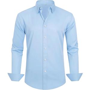 Shtexus Men's Long Sleeve Dress Shirt Button Down Wrinkle Free (Blue, L)