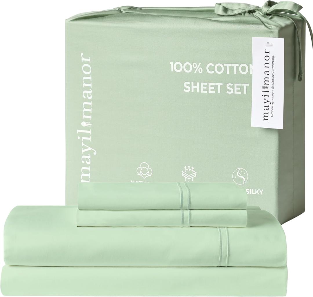 Full Size Sheet Set, 500 TC Single-Ply Cotton Sateen, 4-Piece, Sage | 18-Inch Deep Pocket Design Stays Secure while 100% Natural Cotton Feels Soft, Smooth and Breathable through Every Season