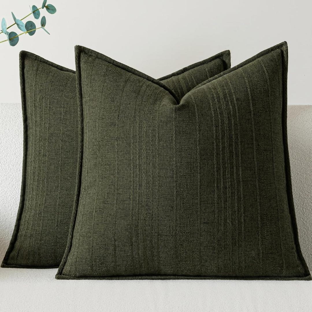 a moment Linen Pillow Covers Set of 2,Boho Farmhouse Throw Pillowcases Neutral Textured Decorative Covers for Couch Sofa,Linen Blend Accent Case Cushion Living Room Home Decor 22"x22"Dark Green