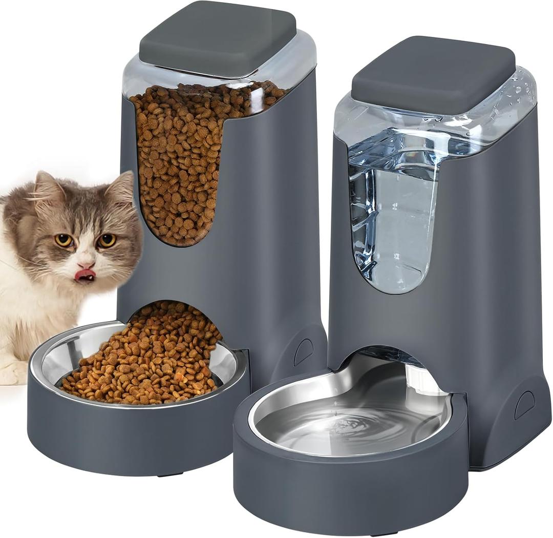 Automatic Cat Feeder and Water Dispenser with Stainless Steel Bowl Dog Gravity Food Feeder and Waterer for Small Medium Pets Puppy Kitten 1 Gallon x 2 (Charcoal gray3.8L*2)